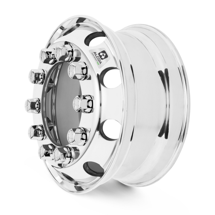 Shiny Alcoa Dura-Bright® wheel facing sideways displaying the nut covers