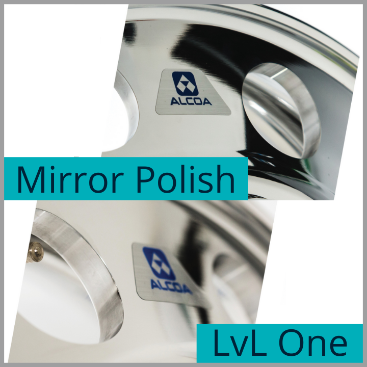 Closeup of Alcoa Wheels with Mirror Polish and LvL One finish